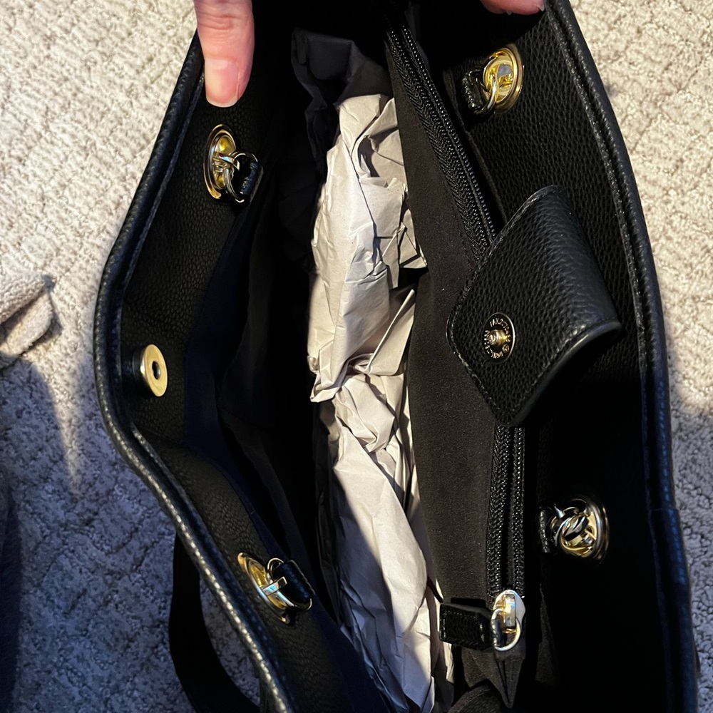 Liz Claiborne Black and White Stripe Tote with Gold Accents - Picture 4 of 7
